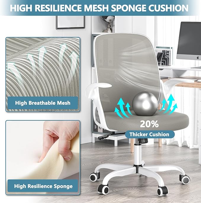 Kensaker Home Desk Chair with Back Supportive Lumbar Support, Breathable Double Mesh Cushion Home Desk Office Chair with Flip up Arms, Modern Ergonomic Home Office Chair for Work(Gray)