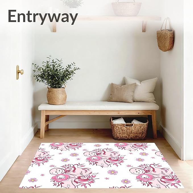 Flatwoven High Traffic Area Rug 4x6, Vintage Snowman Holiday Shower Curtain with Bath Toilet Cover, Non Slip, Stain Resistant, Washable Area Rugs for Living Room, Bedroom (Pink, 4x6)