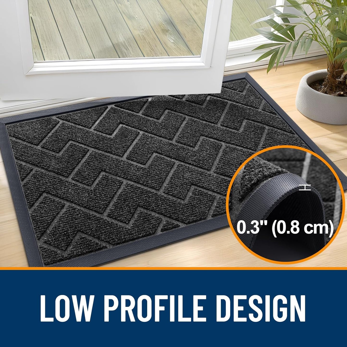 OLANLY Waterproof Front Door Mat - All-Weather Herringbone Design | Easy Clean, Low Profile (Black, 47x23)