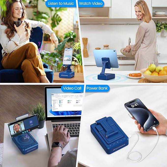 JTEMAN Cell Phone Stand with Bluetooth Speaker and Charging Function, HD Sound Adjustable Phone Holder, Birthday Gifts for Men Women, Cool Tech Kitchen Gadgets for All Phones,Tablet (Blue)