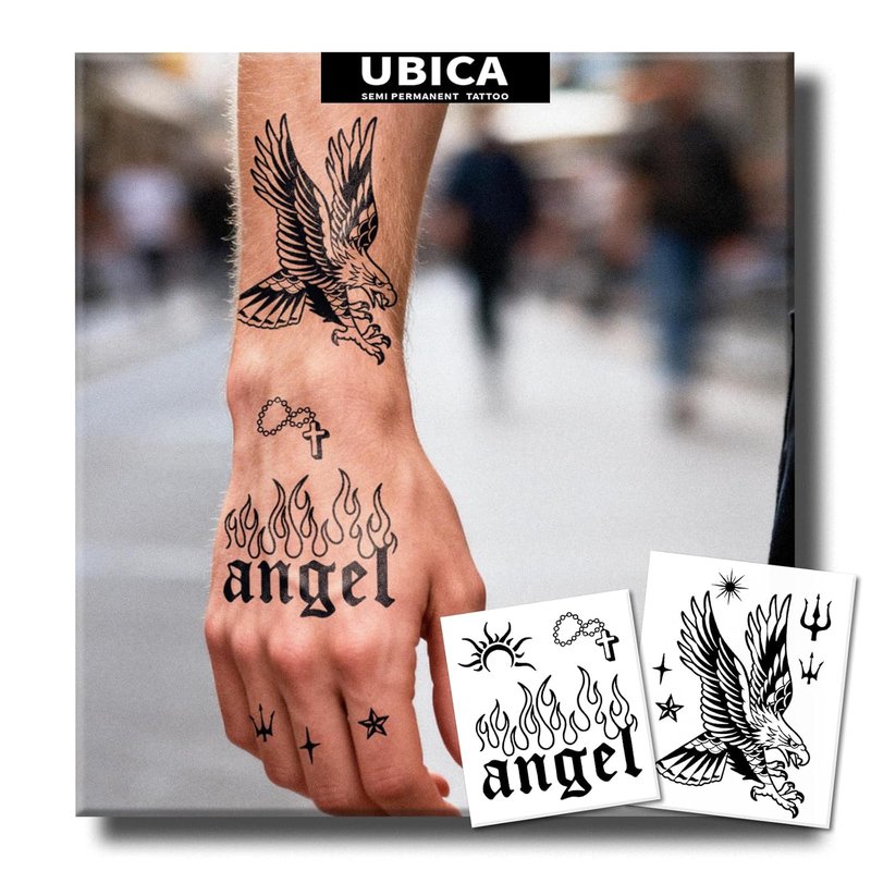 Realistic Semi-Permanent Tattoos - 2 Sheets for Men & Women | Waterproof Eagle Wing & Angel Flame Designs, Lasts 1-2 Weeks