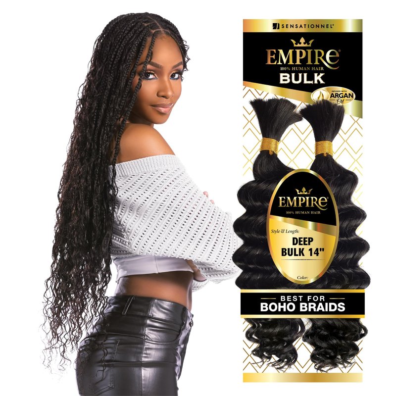 Sensationnel Empire Bulk Braiding – Deep Human Hair Braids for Knotless Boho Box or Curly Loose Wave Styles - 1 pack (14 inch, 1B OFFBLACK)