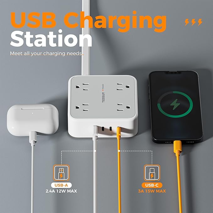 TESSAN Surge Protector Power Strip, 5 Ft Flat Plug Extension Cord with 4 USB (3 USB C) 8 Outlets, 1875W, 900J Protection, 3 Sided Outlet Extender with Power Switch for Office, Dorm Room, Grey