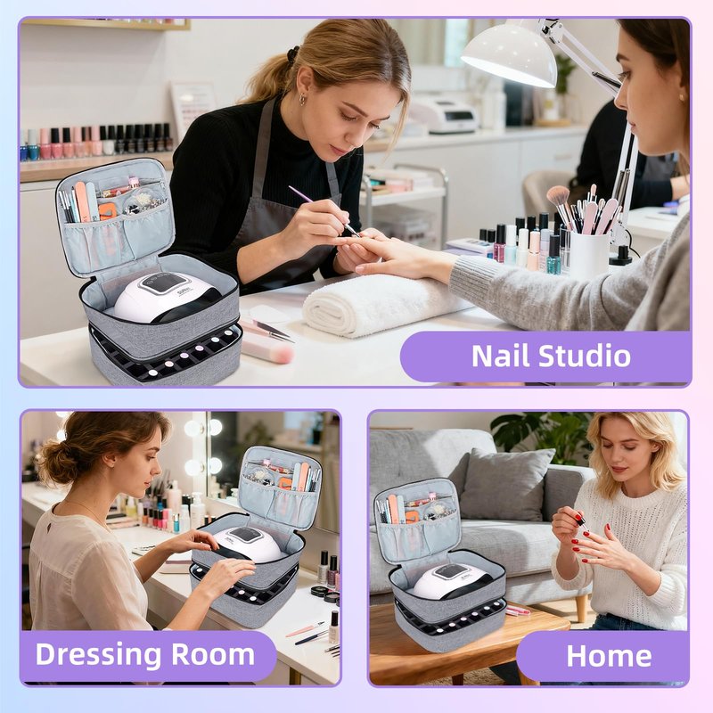 ALSLEA Nail Polish Organizer Holds 30 Bottles (15ml - 0.5 fl.oz) Double-layer Gel Nail Polish Kit Carrying Case, Nail Holder for Nail Lamp, Portable Nail Organizer and Storage for Nail Supplies (Gray)