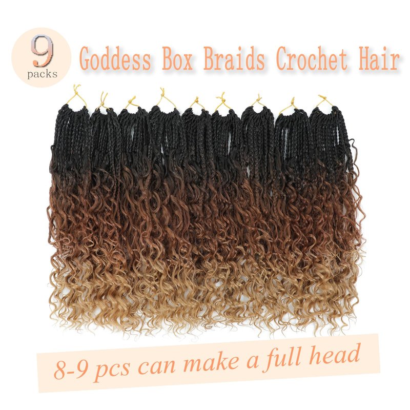 9 Packs Goddess Box Braids Crochet Hair 14 Inch Pre Looped Boho Crochet Braids Box Braids Crochet Hair With Curly Ends Crochet Braids Bohemian Synthetic Hair For Women (14 Inch, 1B/30/27)