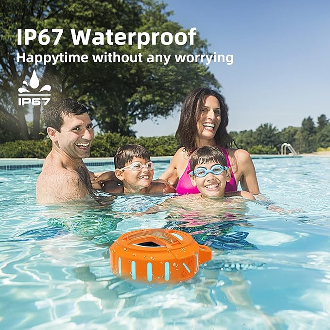 EBODA Bluetooth Shower Speaker, IPX7 Waterproof Portable Wireless Small Mini Speakers, Floating, 2000 mAh with RGB Light for Pool, Beach, Boat, Kayak Accessories, Gifts for Men and women -Orange