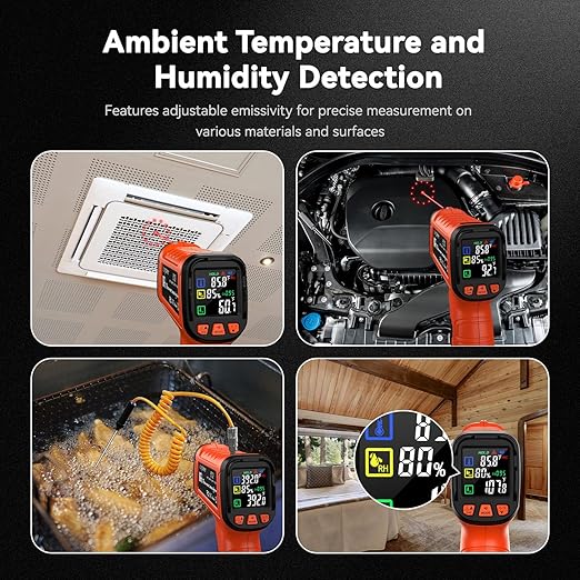Surpeer -58°F to 2732°F Infrared Thermometer IR Laser Gun 50:1, Digital Temperature Gun/K-Type Probe -4°F~932°F, Humidity Sensor, High-Temp Pyrometer for Kiln, Forge, Furnace, Industrial Use