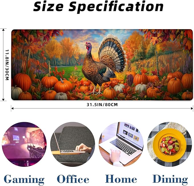 Kibue Autumn Turkey Gaming Mouse Pad, Pumpkin and Fall Leaf Mousepads for Gaming Home Office Work, Extended Mats Computer Keyboard Laptop, 31.5×11.8 Inch Large Desk Mat with Non-Slip Rubber Base