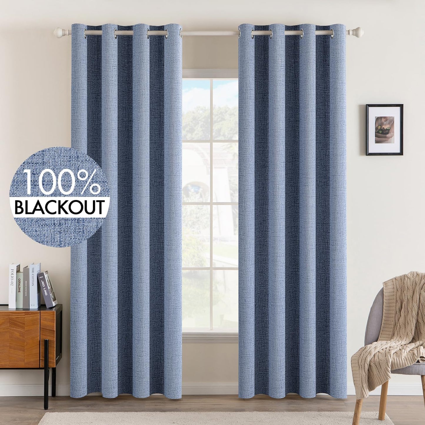 MIULEE Blackout Curtains - 100% Thermal Insulated Linen Texture Drapes | Stone Blue, 52x108 Inch (2 Panels)