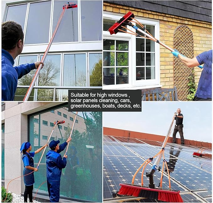 5m Telescopic Window Cleaning Pole & Brush - Extendable Solar Panel Cleaner 30cm Large Brush Head Easy Install Water Fed Equipment for Effortless Window Cleaning