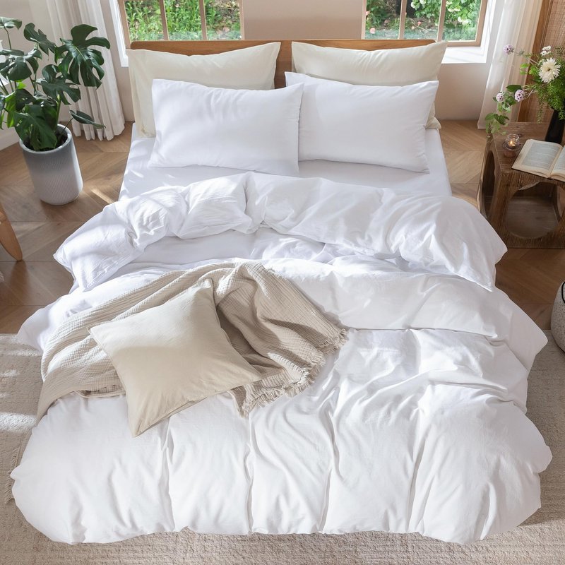 MooMee Bedding Duvet Cover Set 100% Washed Cotton Linen Like Textured Breathable Durable Soft Comfy (Solid Bright White, Queen 90"x90")