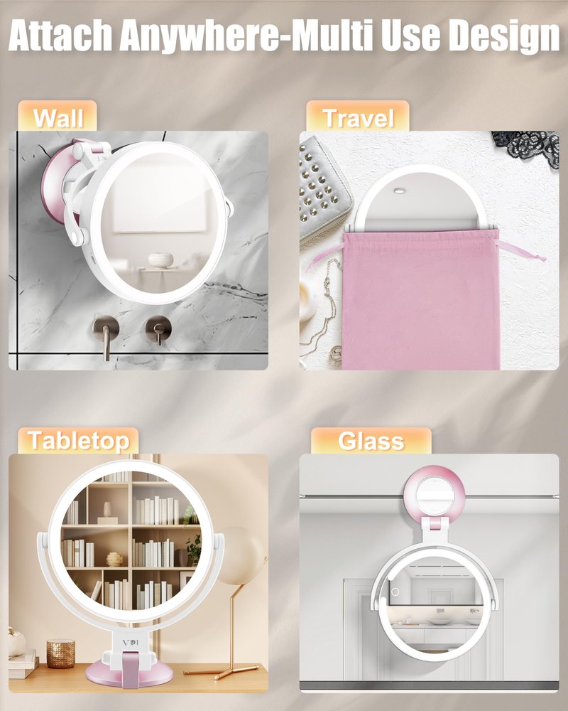 vpu 15X/1X Wall Mounted Magnifying Makeup Mirror with Power Suction Cup, Rechargeable Double Sided Regular HD/Magnification 3 Color Modes Adjustable Brightness Mirror with Lights for Bathroom, Travel