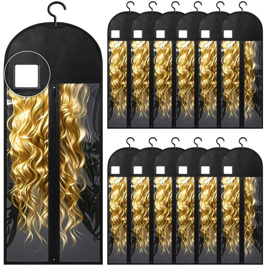 12Pcs Extra Long Wig Storage Bags with Hanger Hair Extension Wig Storage Hanger Bags for Multiple Wigs with Tags Organizer Dust-Proof Home Travel Closet Wigs & Accessories (Black 31.5in)
