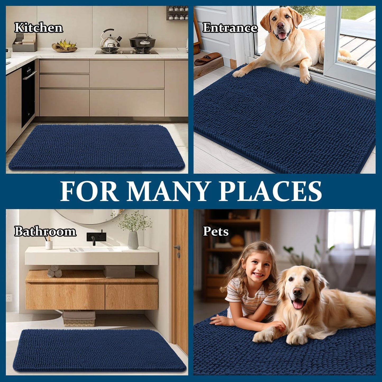 OLANLY Dog Door Mat - Absorbent Non-Slip Chenille Mat for Muddy Paws | 59x24, Dark Blue, Quick Dry