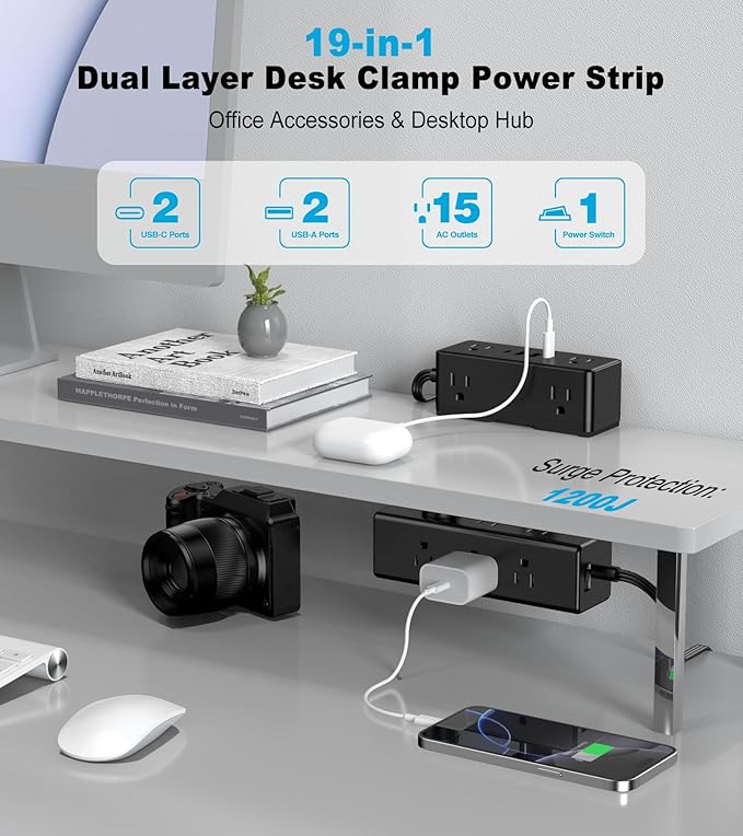 Dual Layer Desk Clamp Power Strip, Desktop Edge Mount Surge Protector with 15 AC Outlets & 4 USB Ports(20W USB-C), Ultra Thin Flat Plug & 10FT Power Cord for Office Home(ETL Listed)