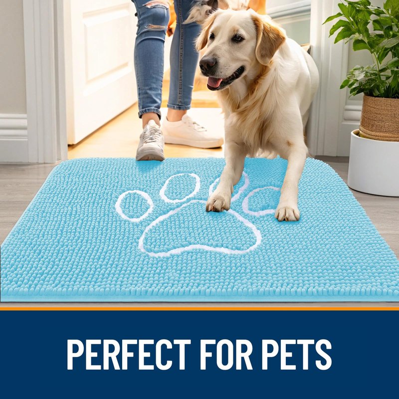 OLANLY Dog Door Mat for Muddy Paws 30x20, Paw Print Design, Absorbs Moisture and Dirt, Absorbent Non-Slip Washable Doormat, Quick Dry Chenille Mud Mat for Dogs, Entry Indoor Entryway Carpet, Blue