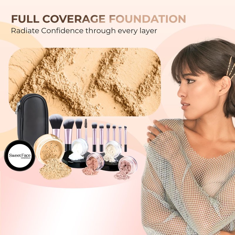 16pc STARTER KIT with 10 BRUSHES SET Mineral Makeup Bare Face Loose Powder Includes Matte Foundation, Veil Primer, Blush, Bronzer, Translucent Finishing Setting Powder SPF 30 Travel Size
