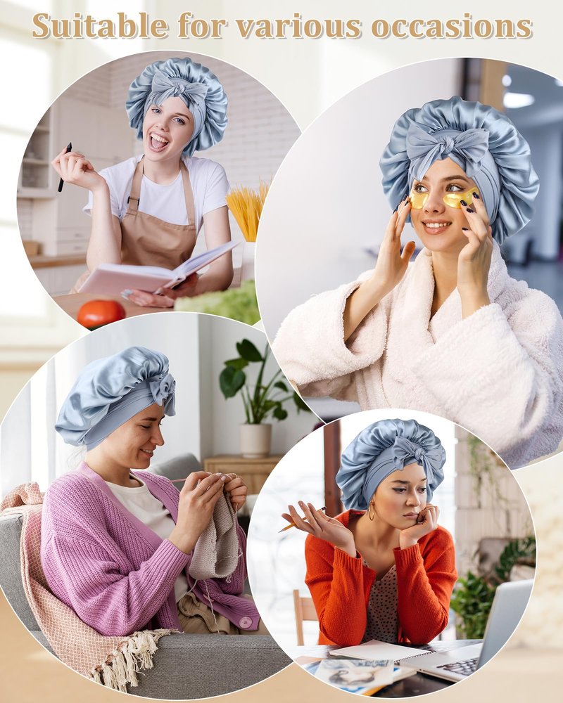 100% Mulberry Silk Bonnet for Women Hair Bonnet for Sleeping with Hair Scrunchy Elastic Tie Band Night Cap(Blue)