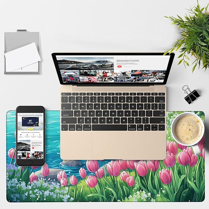 NITAHHHY Large Mouse Pad Blooming Tulips Gaming Desk Pad Computer Keyboard Non-Slip Waterproof Mouse Mat with Rubber Base and Stitched Edges Entertainment Office Writing Desk Mat 35.4 x 15.7 Inches