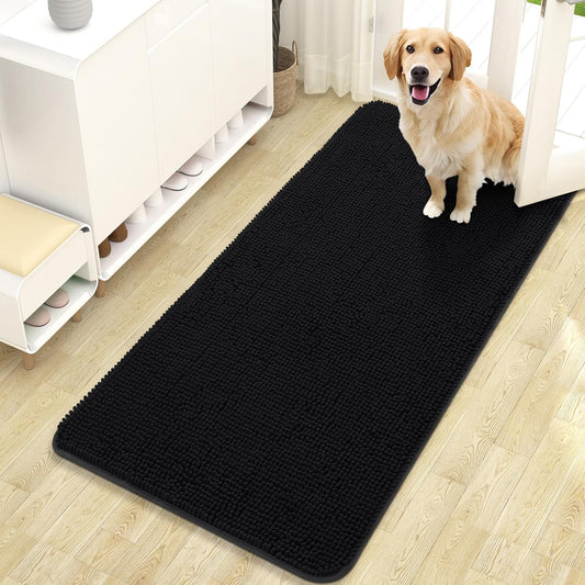 OLANLY Dog Door Mat - Absorbent Non-Slip Chenille Mat for Muddy Paws | 47x24 Black Quick Dry Doormat