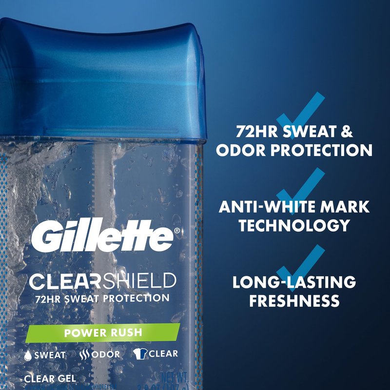 Gillette Antiperspirant and Deodorant for Men, 72hr Sweat & Odor Protection, Long Lasting Freshness, Anti-White Mark Technology, Clear Gel, Power Rush Scent, 3.8 oz (Pack of 3)