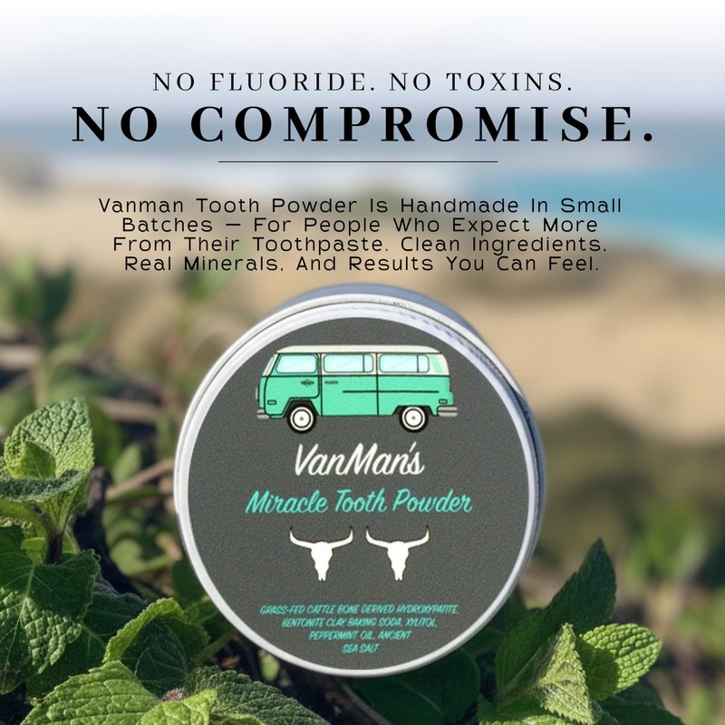 Vanman’s - Mint and Bone Tooth Powder Toothpaste - Remineralizing Tooth Powder with Cattle Bone Derived Hydroxyapatite, Bentonite Clay, Peppermint Oil and Baking Soda - 2.2 oz