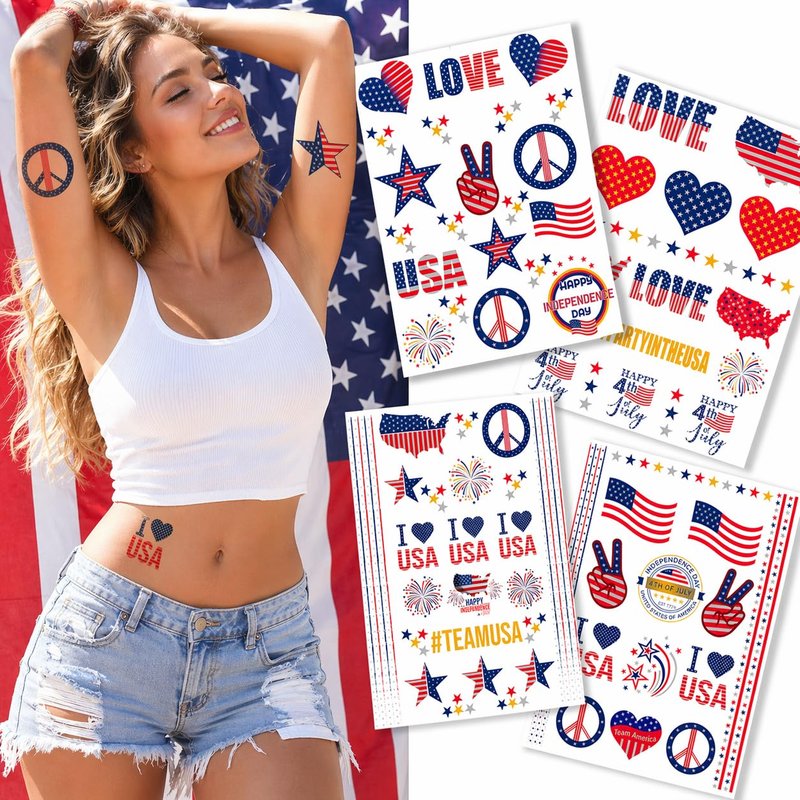 4th of July Temporary Tattoos - 70+ Patriotic Designs | Waterproof USA Flag Red, White & Blue for Parties