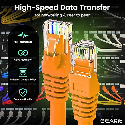 GEARit Cat 6 Ethernet Patch Cables 1 ft Orange (Cat 6 Ethernet Cables 1 ft 24-Pack), High Speed 24AWG 10Gbps RJ45 Snagless Gold-Plated, Ethernet Cable for Router, Switch, PC, PS5 Gaming, Server