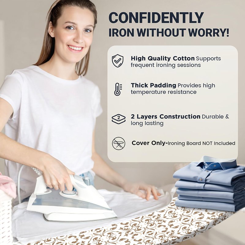 UniSimp Ironing Board Cover and Pad 15"x54" Extra Thick Natural Cotton, Scorch and Stain Resistant Padding, Standard Size Iron Board Cover with Fasteners Heavy Duty Elastic Edge, Heatproof Taupe
