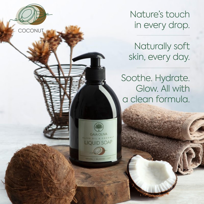 GAIA Oliva Olive Oil Hand Soap Liquid – Luxury Moisturizing Liquid Hand Soap for Bathroom & Kitchen, Natural Ingredietns for Dry, Cracked Hands with Coconut Scent – 16.9 FL OZ Bottle (Pack of 2)