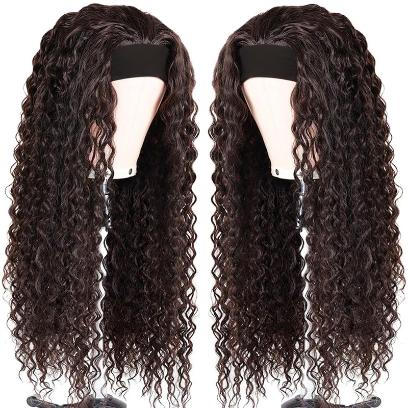 Headband Wig - Human Hair Deep Wave Half Wig | Glueless Brazilian Curly Wig for Black Women - 12 Inch, Chocolate Brown