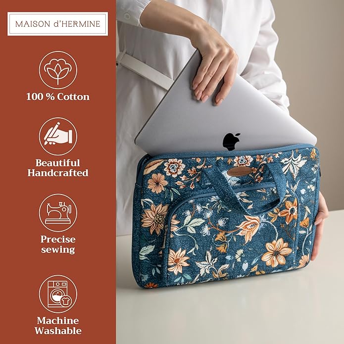 Maison d'Hermine Laptop Bag with Pocket Upto 13.5 inch Stain and Water Repellent Cotton Canvas Spring Summer (Luxury Loft - Dark Teal)