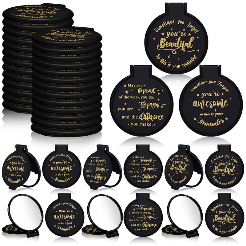 Wenqik 100 Pcs Inspirational Mini Compact Mirrors Bulk, Women Small Gifts Bulk, Group Team Party Favors, Mini Pocket Purse Mirror for Travel, Client, Guest, Wedding, Birthday, Cheerleader (Black)