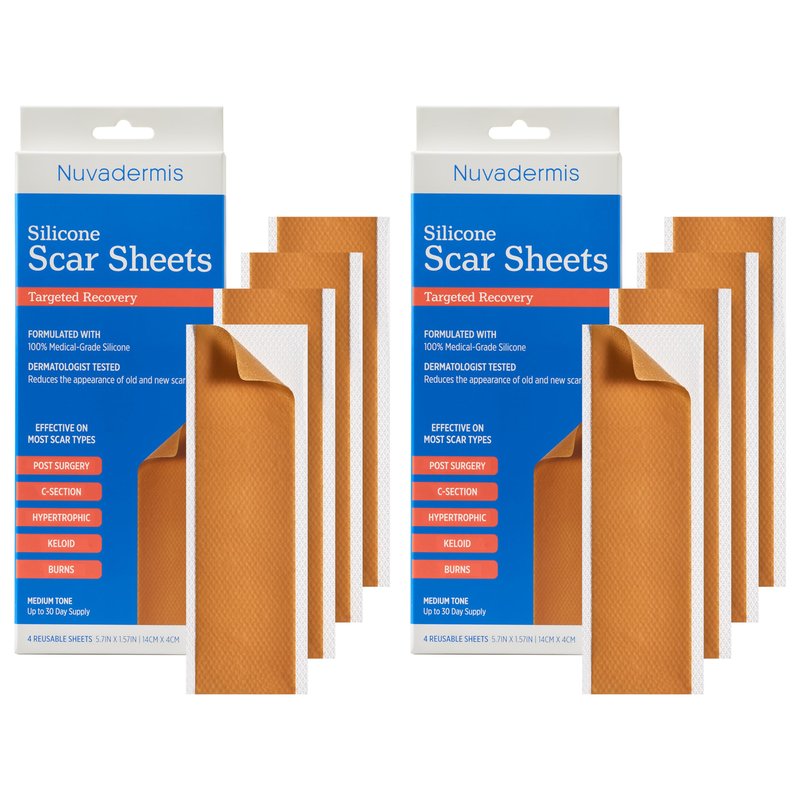 NUVADERMIS Silicone Scar Sheets - Extra Long Scar Sheets for C-Section, Tummy Tuck, Keloid, and Surgical Scars - Reusable Medical Grade Silicone Scar Sheets - 2 Packs of 4 - Medium Tone