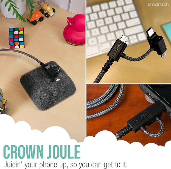Smartish USB-C/Lightning Cable 17/16/16e/15/14 - Crown Joule - 6Foot Universal Fast Fabric Wrapped Charging Cable w/Micro-USB - MFi Certified 13/12/SE/iPad/AirPods/Android - Black