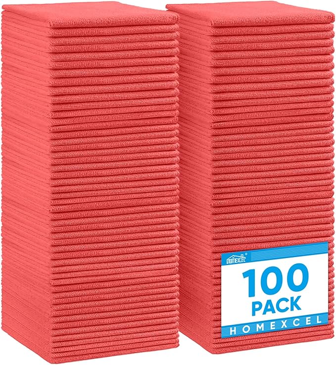 HOMEXCEL Microfiber Cleaning Cloth, Premium Microfiber Towels for Cars, Lint Free, Scratch-Free, Highly Absorbent, Reusable Cleaning Rags for Car, Household, Kitchen, Window(Red,100)
