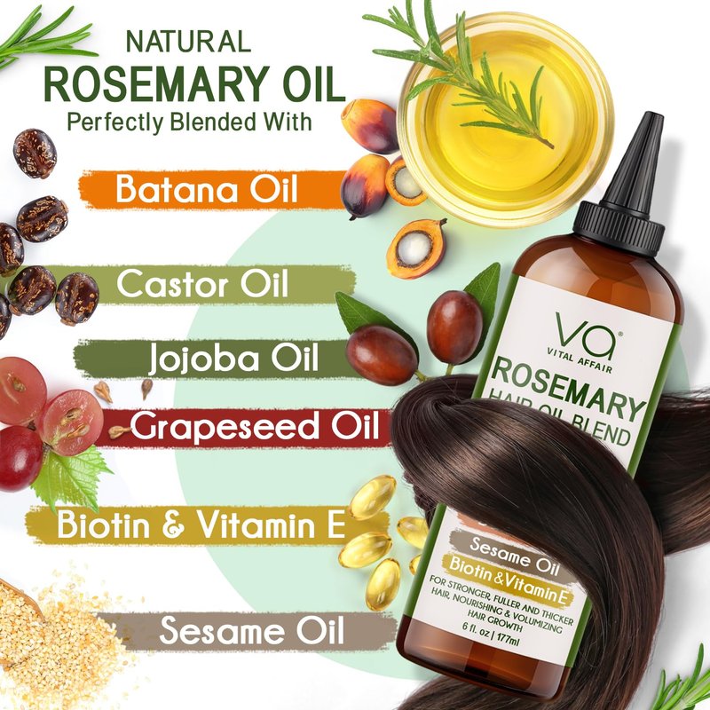 Blend Of Pure Rosemary Oil For Hair Growth With Castor, Batana, Jojoba Oil-Infused With Biotin & Vitamin E-Blend of Effective Hair Oils for Hair Growth-Strengthening Treatment-By Vital Affair-6 Fl Oz