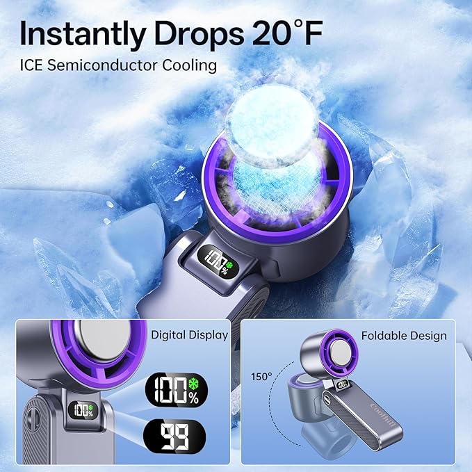 Coolhill Handheld Portable fan with Turbo Cooling - Hand Held Fan Rechargeable, 1-199 Speeds, Up to 12Hrs Battery Life, Powerful Mini Personal fan for Travel, Outdoor, Beach & Makeup