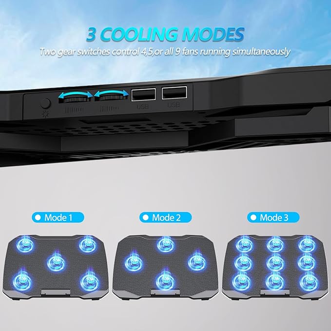 AIMIUZI Laptop Cooling Pad, Gaming Laptop Cooler with 9 Quiet Fans, Laptop Cooling Stand for 12-17 Inch, Laptop Computer Fan with 5 Height Adjustable,2 USB Ports,1 Phone Stand