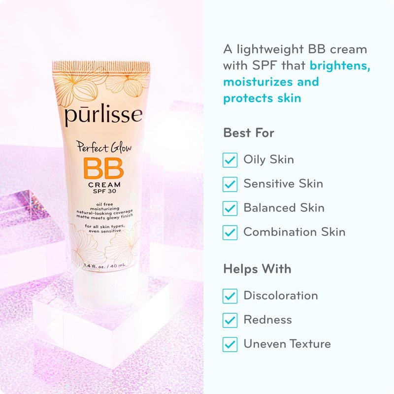 pūrlisse Perfect Glow BB Cream SPF 30 - Luminous Matte Tinted Moisturizer with SPF - Korean Skin Care Formula with Goji & Hawthorn Berry to Hydrate, Brighten & Even Skin - Medium (1.4 oz)