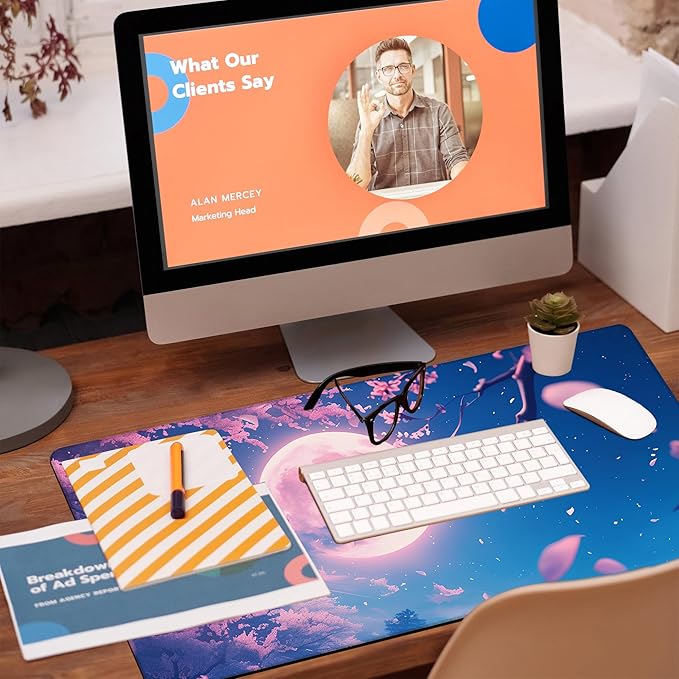 KOAIWPAE Large Gaming Mouse Pad for Desk, Falling Cherry Blossoms Desk Mat, Bright Full Moon Desk Pad, 31.5"x15.7" Extended Big Computer Keyboard Mouse Pad with Non-Slip Base and Stitched Edge