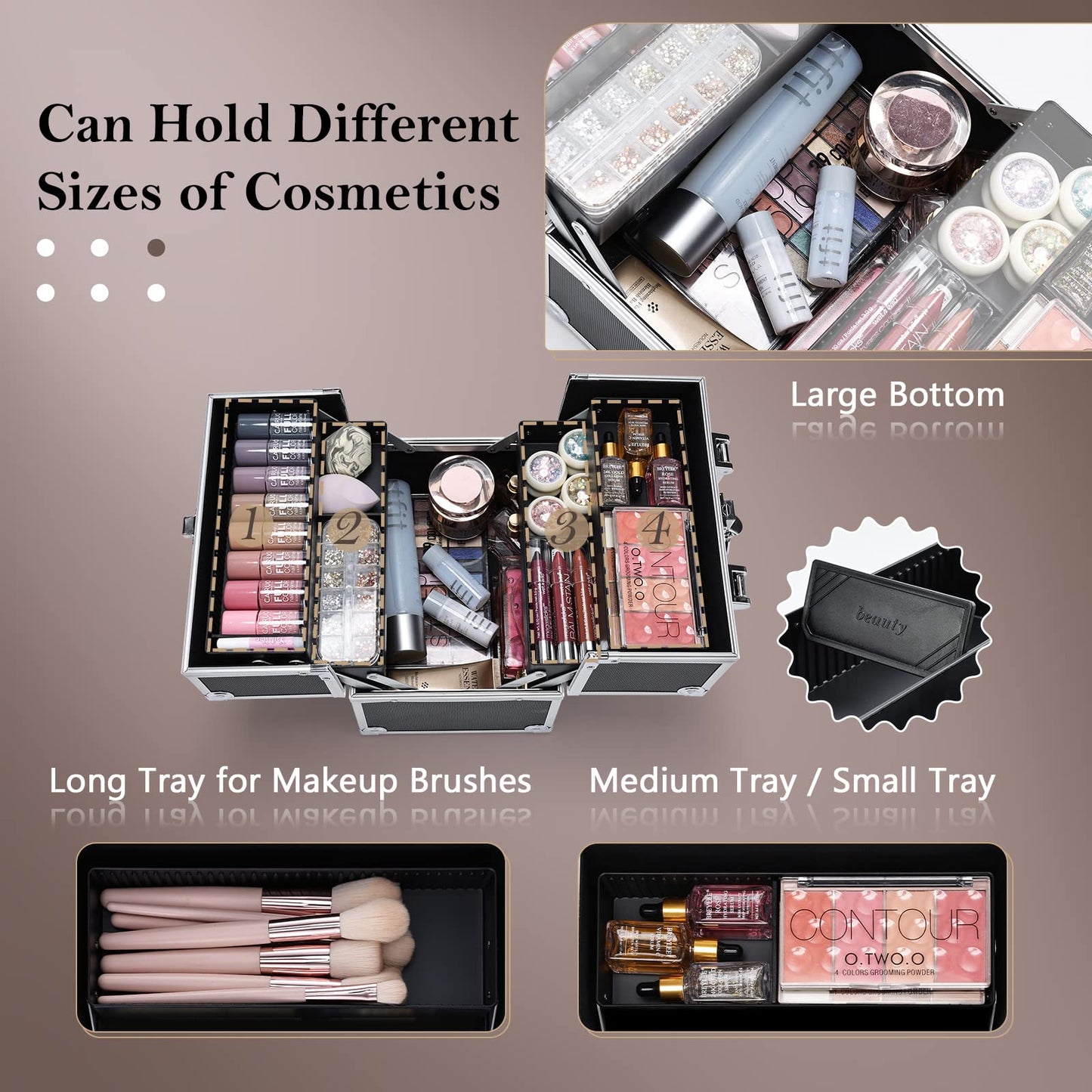 Frenessa Makeup Train Case Cosmetic Organizer Case Professional Makeup Storage Box 4 Trays with Divider Lockable Travel Case Portable Travel Makeup Box for Makeup Artist, Carfter, Cosmetics Black