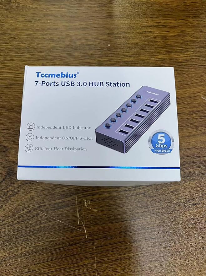 Tccmebius Powered 7-Port USB 3.0 Hub, USB C to 7 Ports USB Data Hub Splitter with Individual LED On/Off Switche, 3.3FT Cable, 12V/3A Power Adapter, for Laptop MacBook Pro/Air PC (Aluminum Gary)