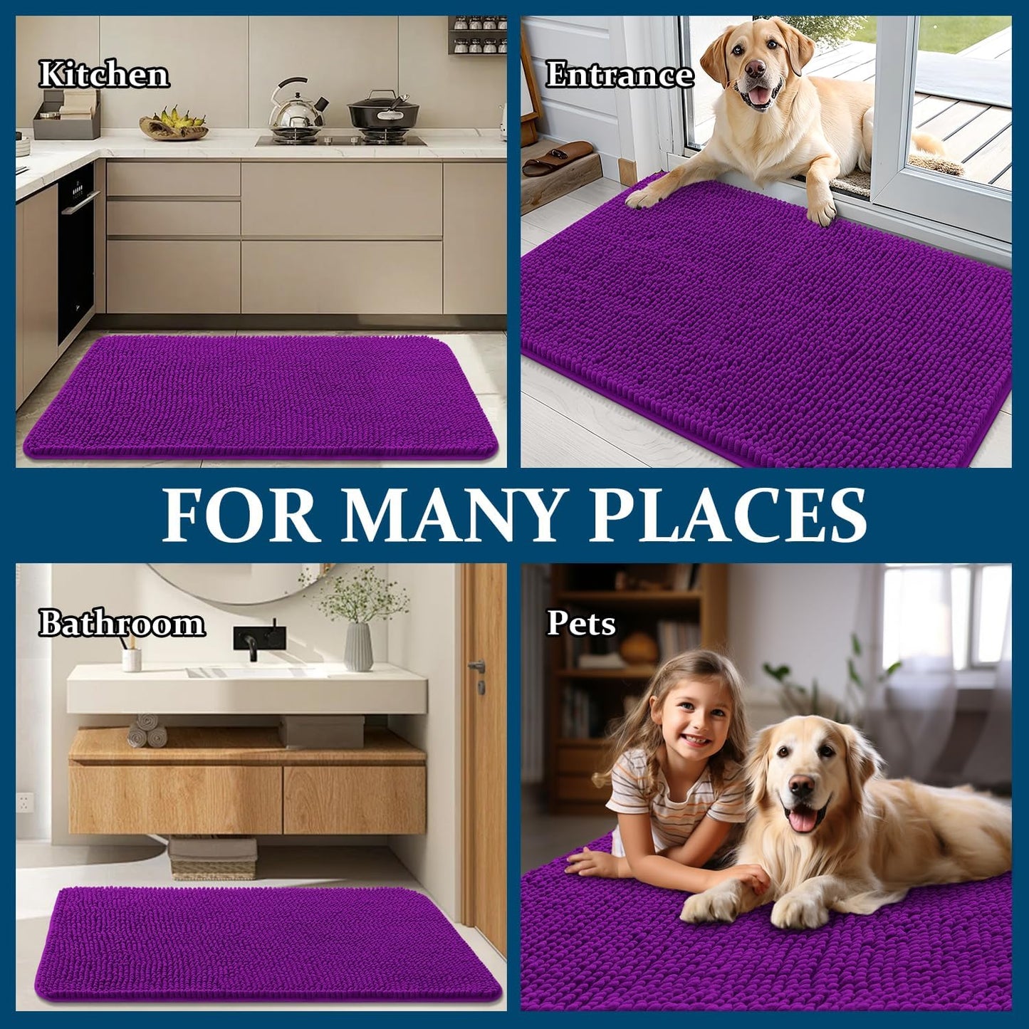 OLANLY Dog Door Mat - Absorbent Non-Slip Washable Chenille Mat for Muddy Paws | 59x24 Inches, Purple