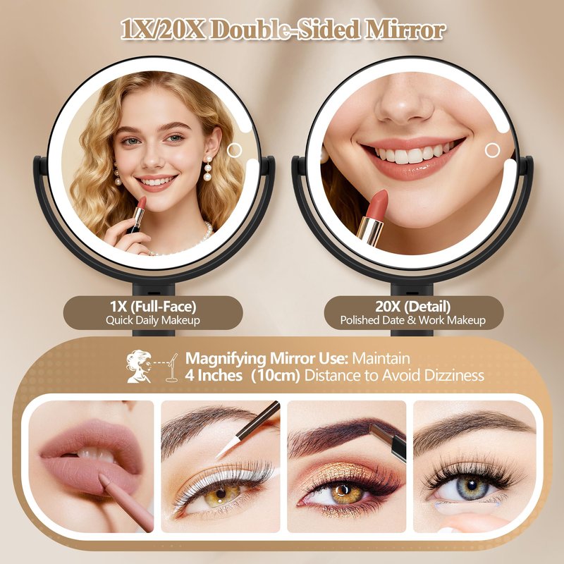 MOMOKUBA Makeup Mirror with Lights, Double Sided 1x/20x Magnifying Mirror with Light, Rechargeable 3 Color Lights Adjustable Brightness, 360° Rotation Detachable Comes with Tweezer (Rose-Gold)