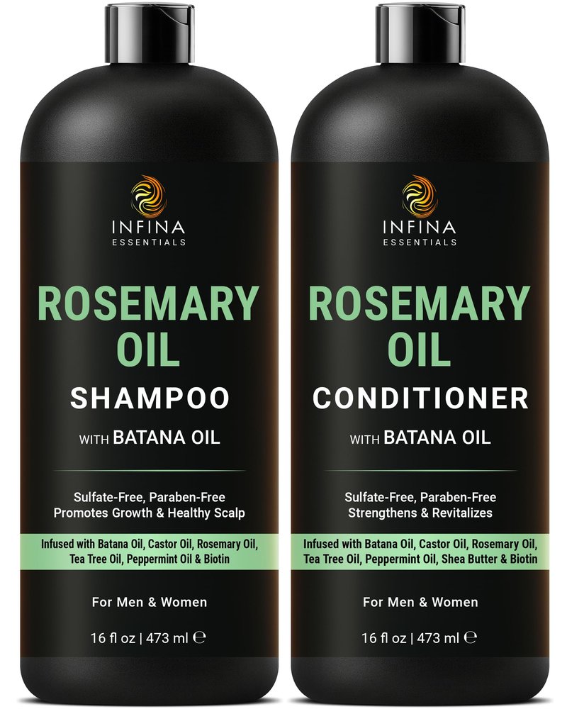 INFINA ESSENTIALS Rosemary Oil Shampoo and Conditioner Set | 16 fl oz Each | with Batana Oil & Biotin | Sulfate-Free Thickening Formula for Thinning Hair | For Men & Women