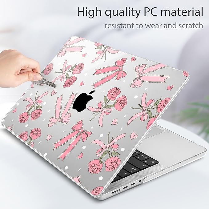 Tuiklol for MacBook Pro 14 Inch Case 2026 2025 2024 2023 2022 2021 Release M5/M4/M3/M2/M1 A2442 Pro/Max,Hard Shell Case with Screen Protector for Touch ID, Bow & Rose-White