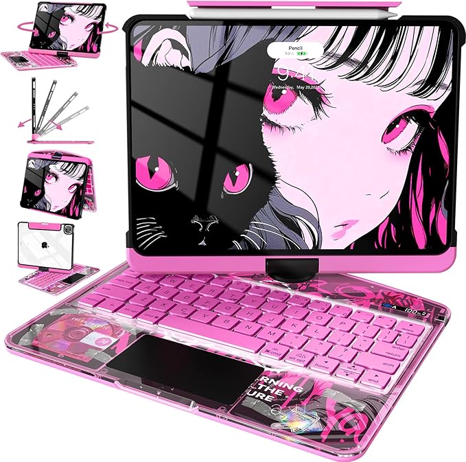 Intermerge Transparent Case with Keyboard for iPad Air 11"(M4/ M3/ M2, 2026/2025/ 2024), Air 5th/4th, Pro 11" 2022-2018, 360° Swivel Multi-Touch Trackpad, 7-Color Backlit, Pencil Holder, Blush Pulse