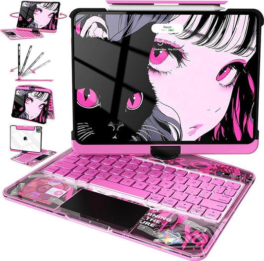 Intermerge Transparent Case with Keyboard for iPad Air 11"(M4/ M3/ M2, 2026/2025/ 2024), Air 5th/4th, Pro 11" 2022-2018, 360° Swivel Multi-Touch Trackpad, 7-Color Backlit, Pencil Holder, Blush Pulse
