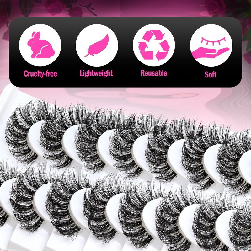Veleasha Lashes Russian Strip Lashes Eyelashes with Clear Band Looks Like Eyelash Extensions D Curl Lash Strips 10 Pairs Pack (DT01)